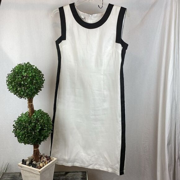 Lino USA 100% Linen White & Black Color Block Sleeveless Shift Dress S - Picture 1 of 3